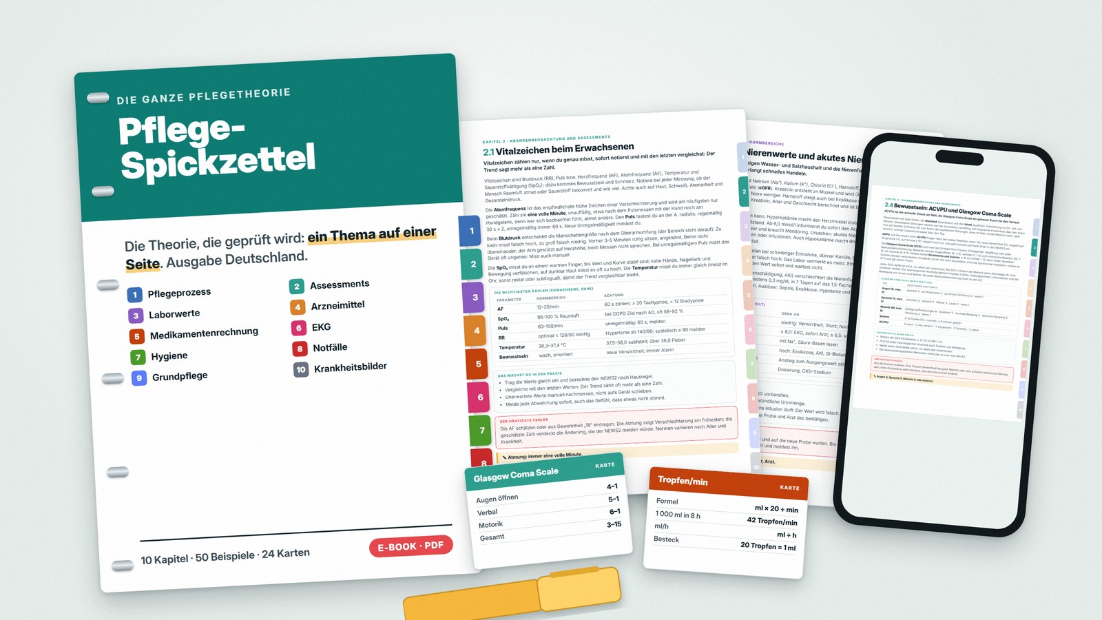 Pflege-Spickzettel: das Buch auf Tablet und Handy, mit Taschenkarten